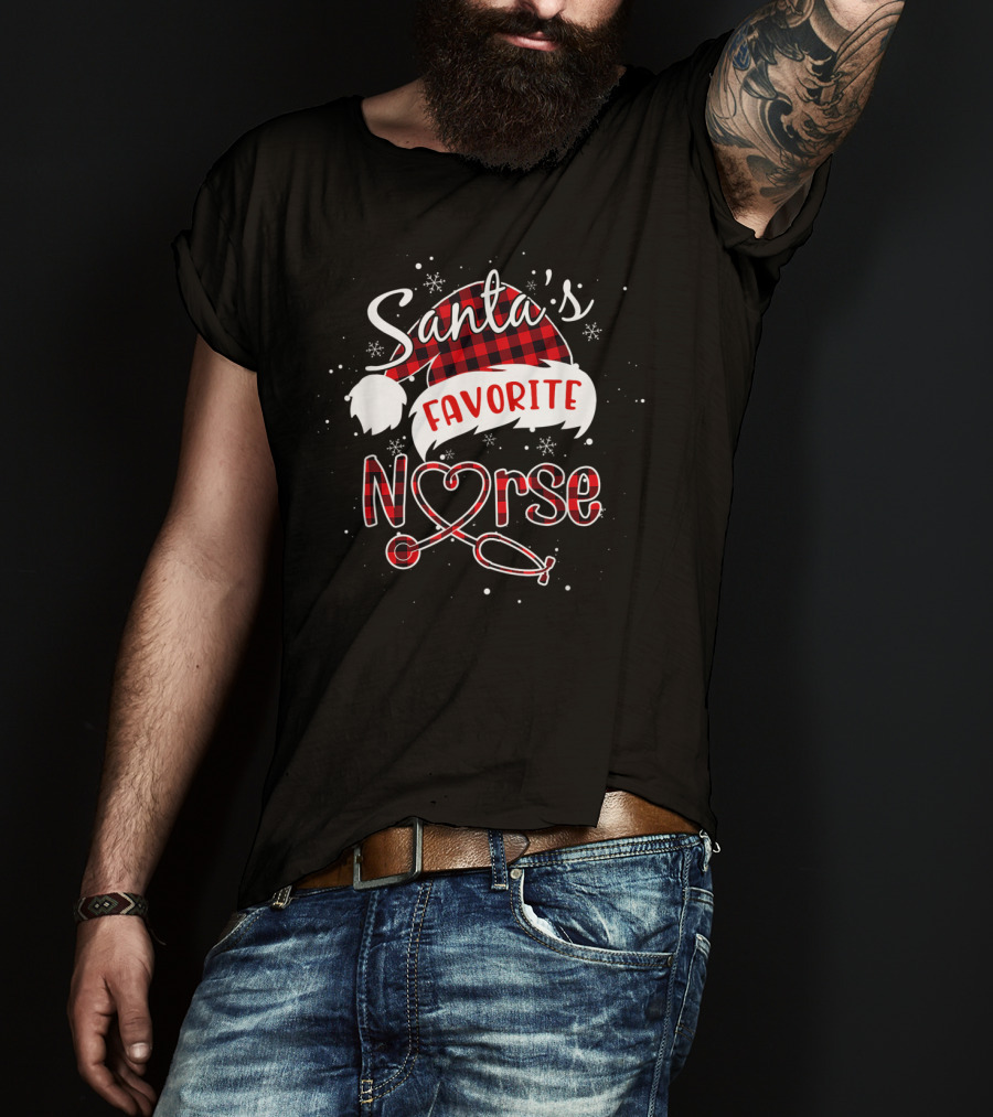 Santa's Favorite Nurse Christmas Hat Red Plaid Stethoscope T-Shirt