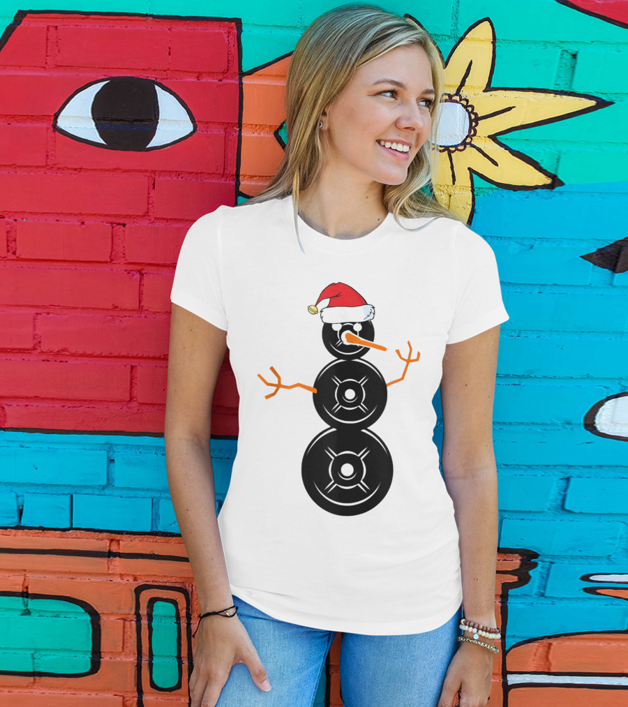 Funny Santa Hat Weightlifting Snowman Barbell T-Shirt