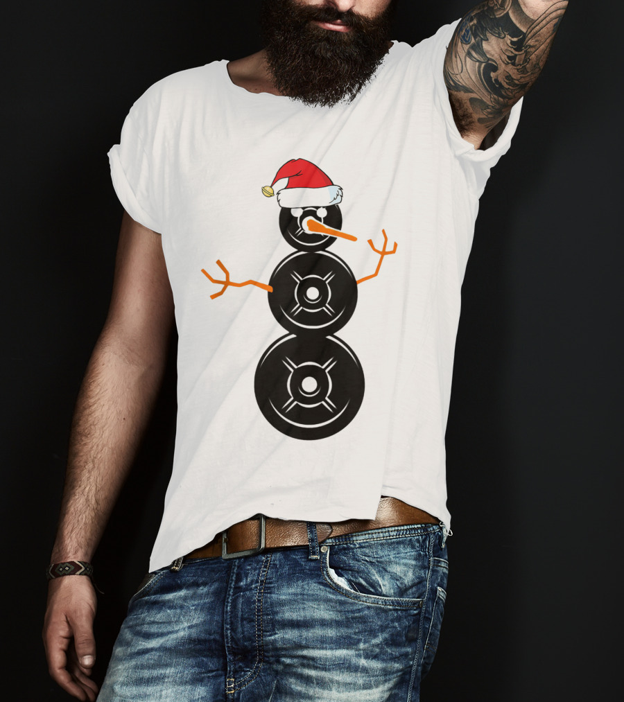 Funny Santa Hat Weightlifting Snowman Barbell T-Shirt
