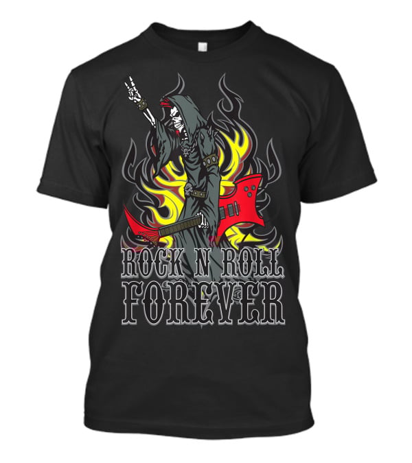 Rock N Roll Forever Grim Reaper Guitar Flames Horns Sign T-Shirt