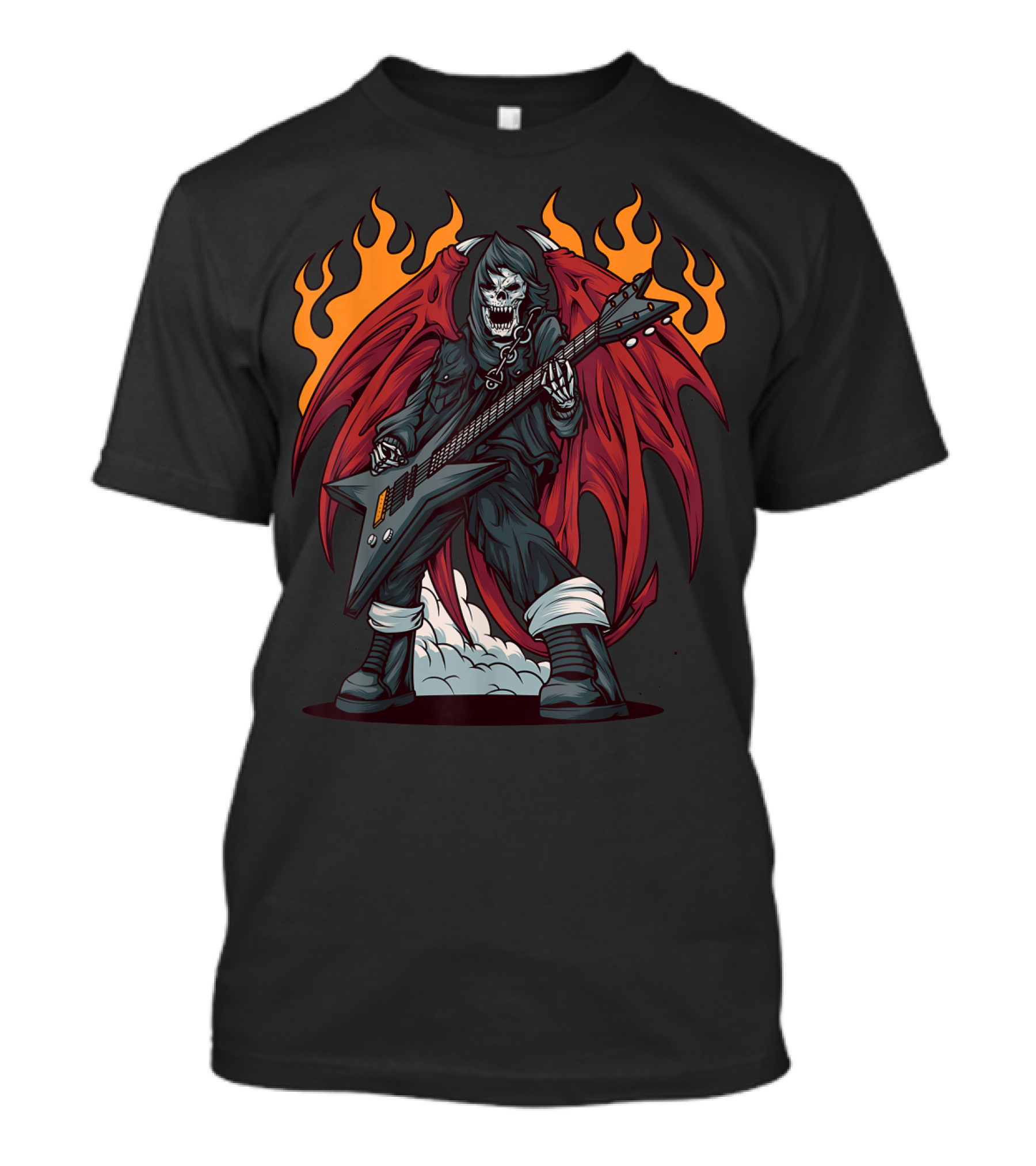 Heavy Metal Guitarist Red Winged Flaming Skull T-Shirt