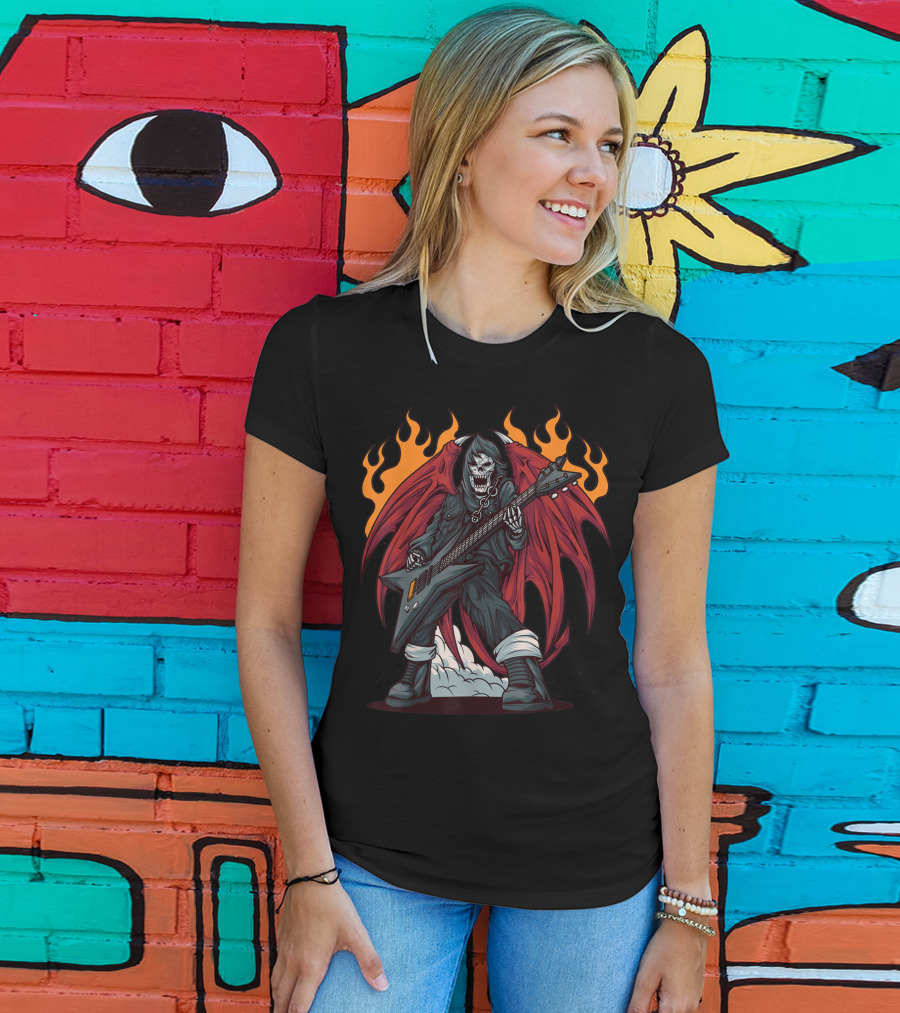 Heavy Metal Guitarist Red Winged Flaming Skull T-Shirt