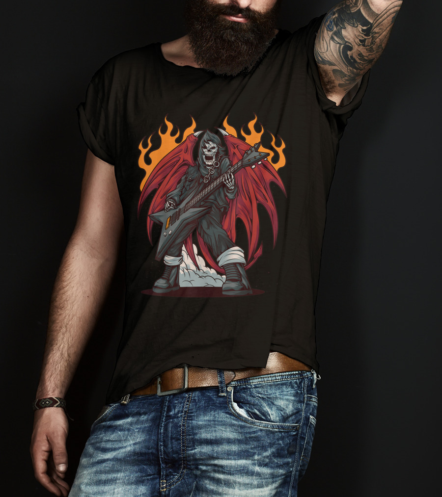 Heavy Metal Guitarist Red Winged Flaming Skull T-Shirt
