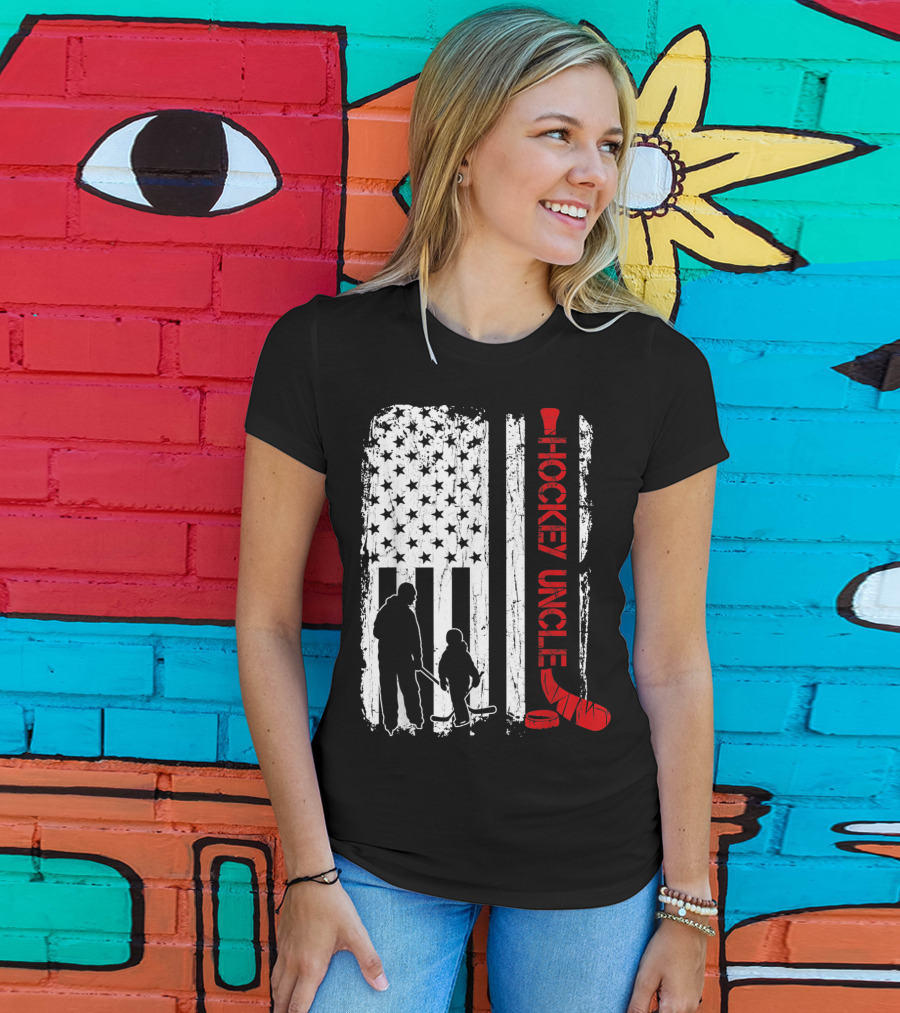 Hockey Uncle American Flag Silhouette With Stick And Player T-Shirt