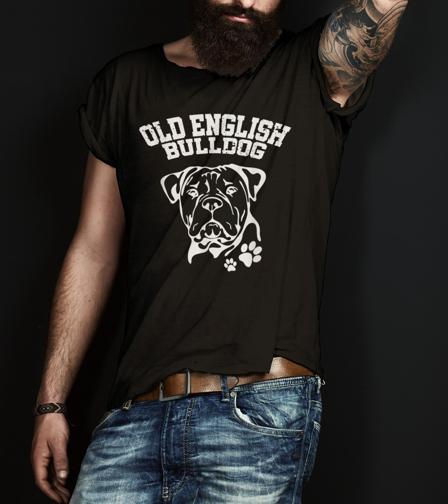 Old English Bulldog Illustration With Text And Paw Prints T-Shirt