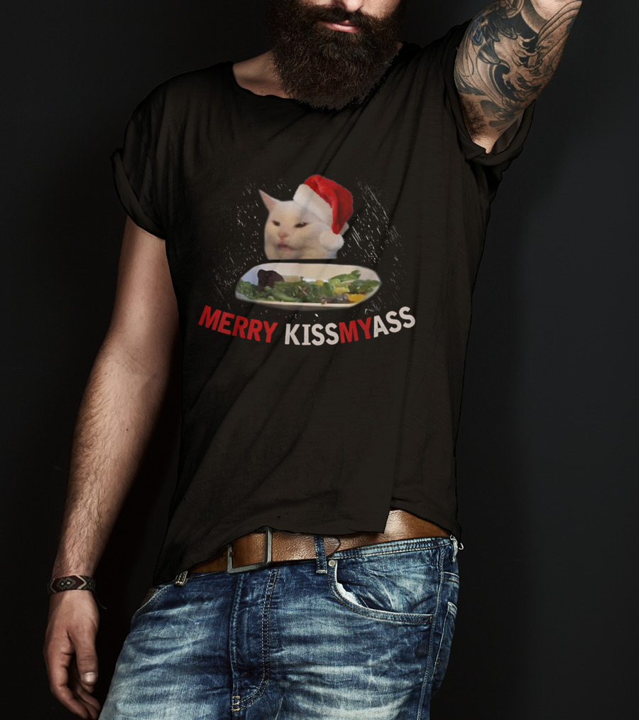 Merry Kissmyass Smudge Cat Funny Xmas Family Santa Hat T-Shirt