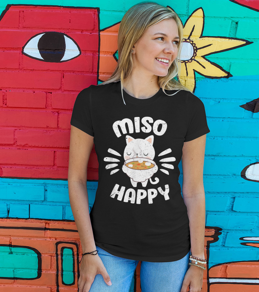 Miso Happy Japanese Cat Holding Soup Bowl Food Pun T-Shirt