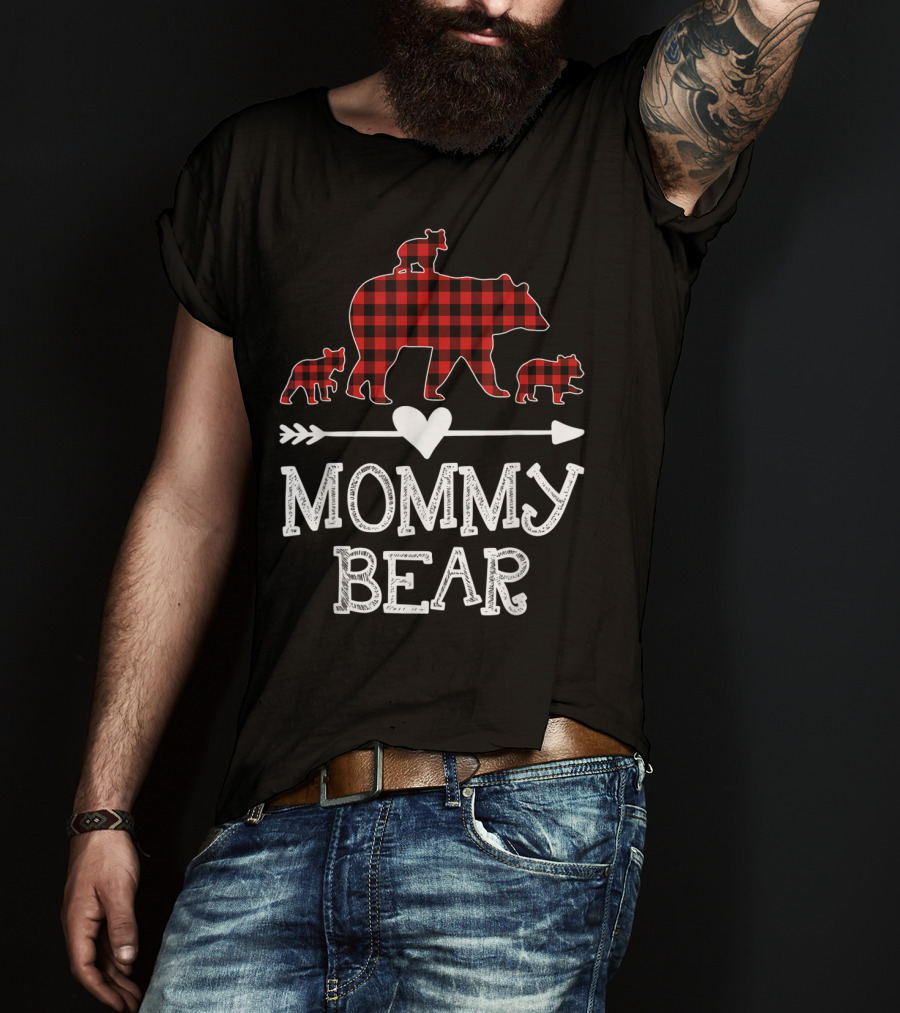 Mommy Bear Red Plaid Three Cubs Heart Arrow T-Shirt