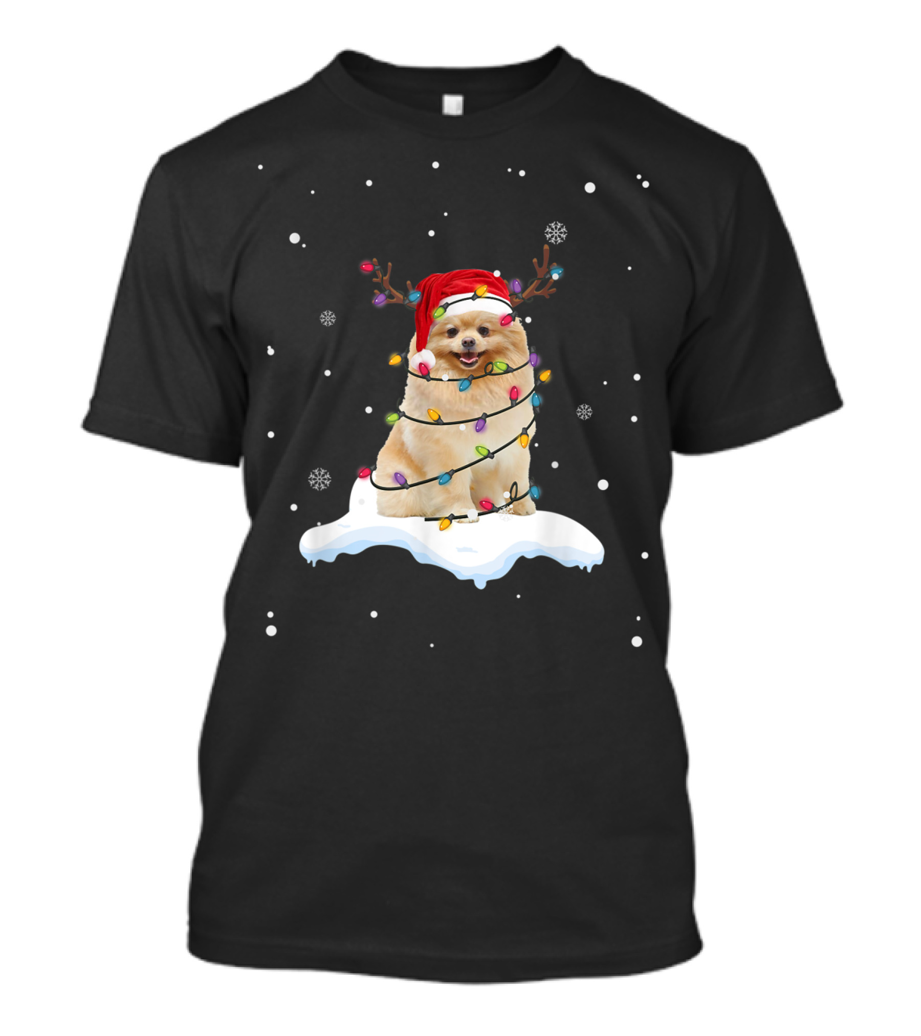 Pomeranian Santa Hat Wrapped In Christmas Lights With Reindeer Antlers And Snowflakes T-Shirt