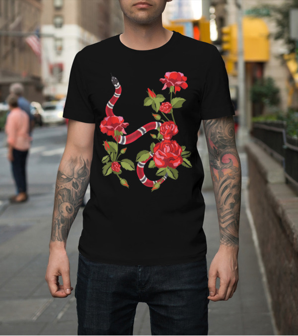 Shirt: Royal Striped Snake and Flower Red Roses Botanical T-Shirt Royal Striped Snake and Flower Red Roses Botanical T-Shirt