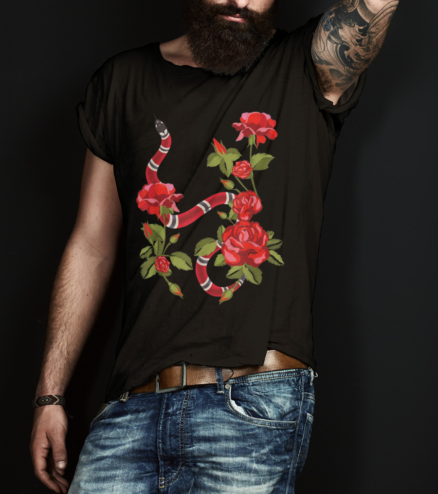 Royal Striped Snake And Flower Red Roses Botanical T-Shirt