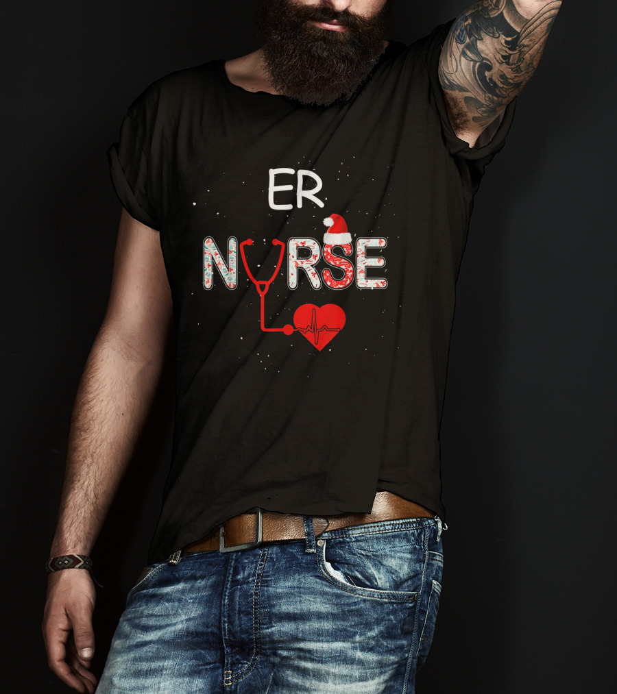 ER Nurse Christmas Santa Hat Stethoscope Heart Xmas Nursing T-Shirt