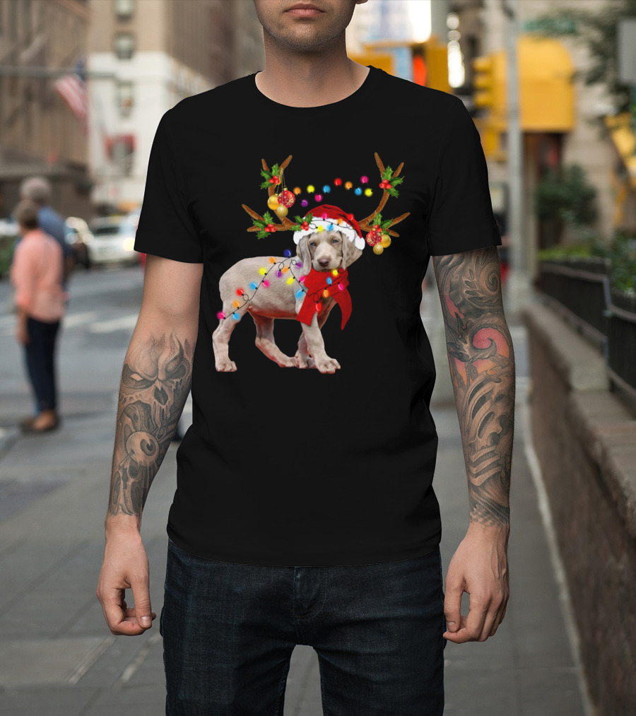 Santa Weimaraner Reindeer Christmas Lights T-Shirt