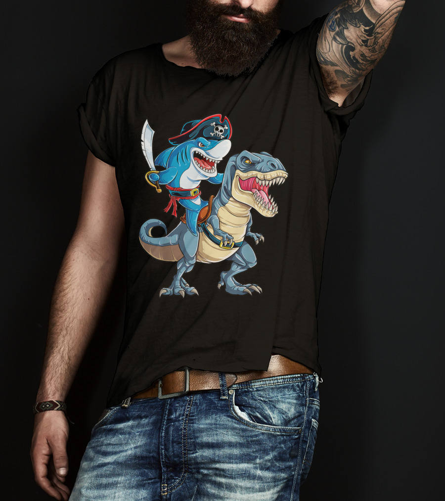 Shark Pirate Riding Dinosaur Rex Jawsome Adventure T-Shirt
