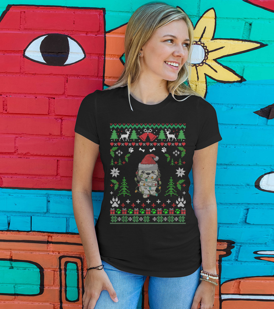 Shitzu Christmas Reindeer Santa Hat Ugly T-Shirt