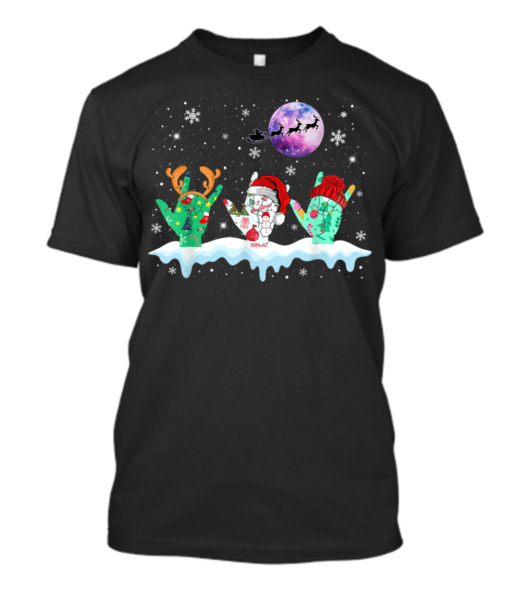 Sign Language Christmas Reindeer Santa Moon Snowflakes T-Shirt