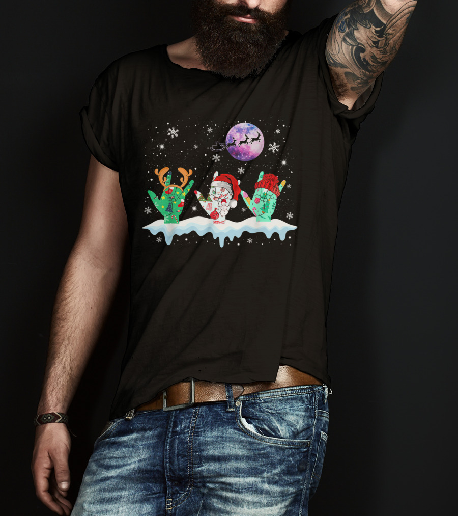 Sign Language Christmas Reindeer Santa Moon Snowflakes T-Shirt