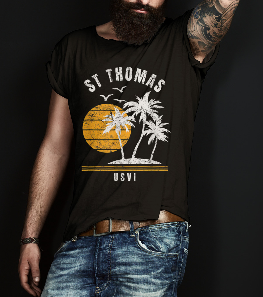 St Thomas USVI Caribbean Sunset With Palm Trees And Birds T-Shirt