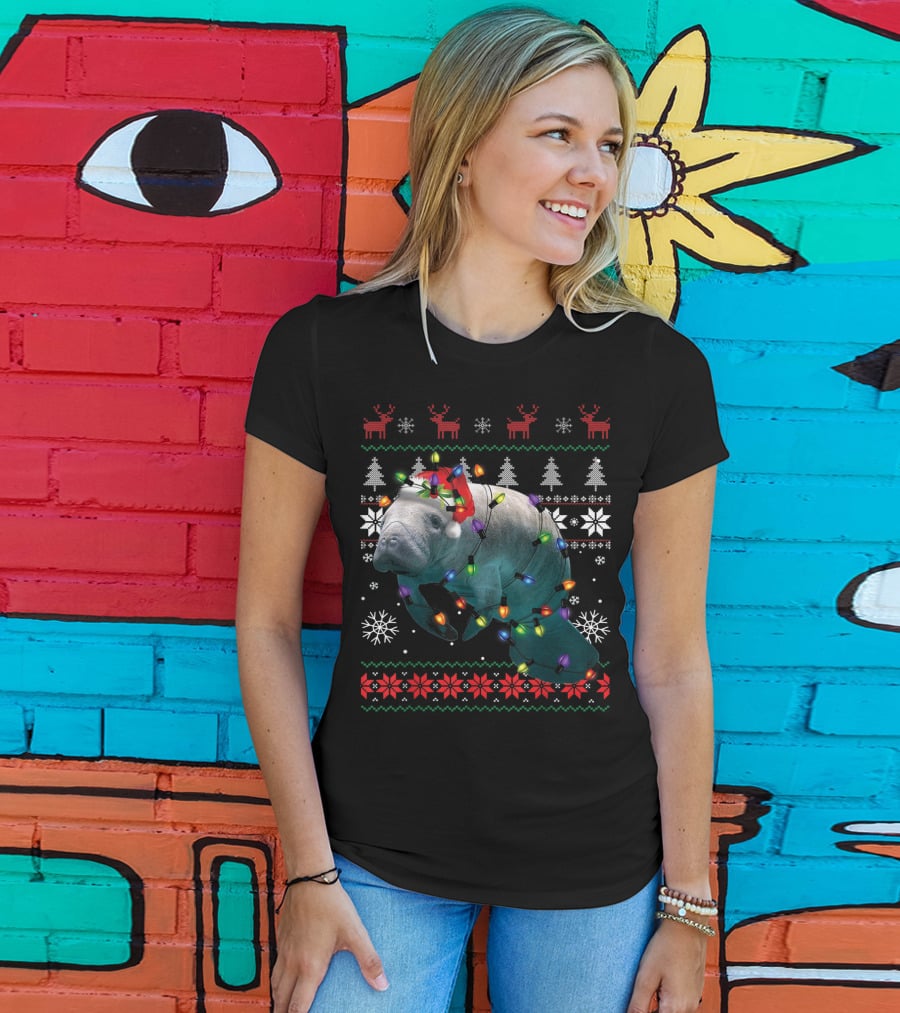 Ugly Christmas Manatee Santa Funny Mana Lover Holiday Lights T-Shirt