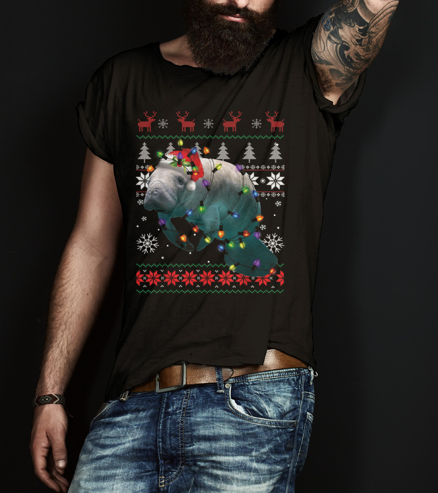Ugly Christmas Manatee Santa Funny Mana Lover Holiday Lights T-Shirt