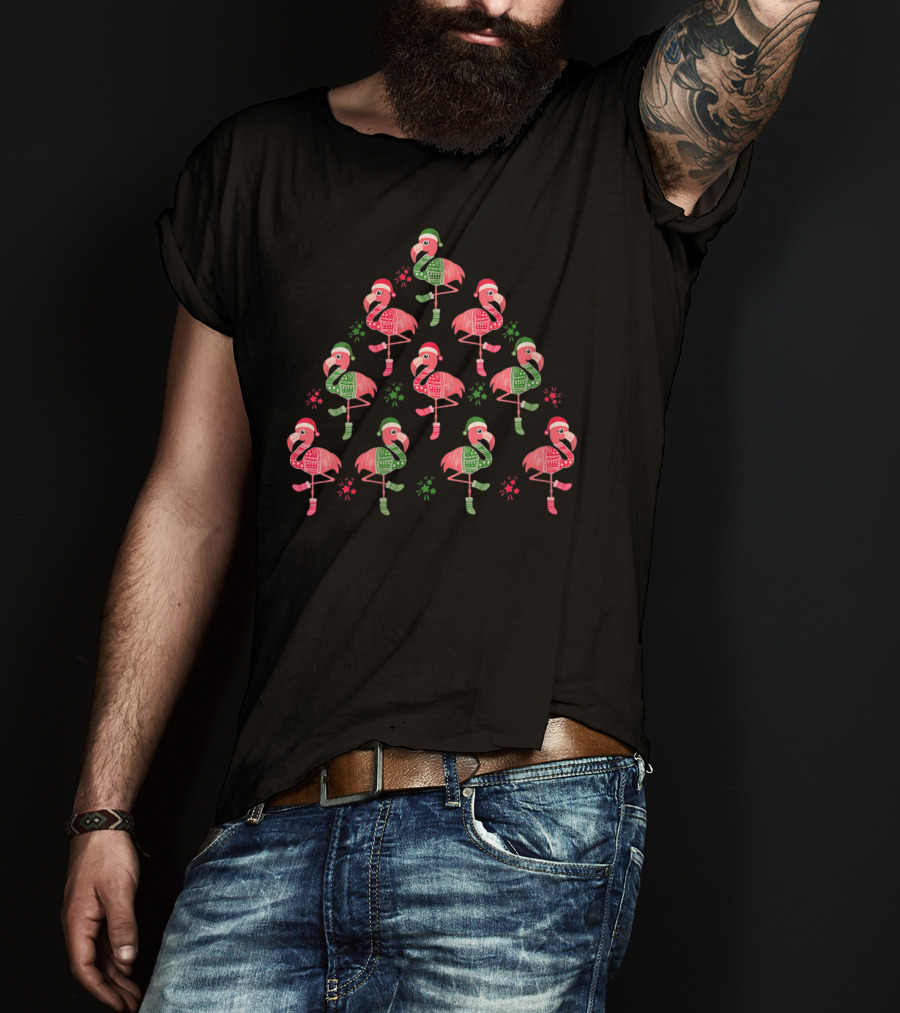 Flamingo Christmas Tree With Santa Hats And Holiday Sweaters T-Shirt