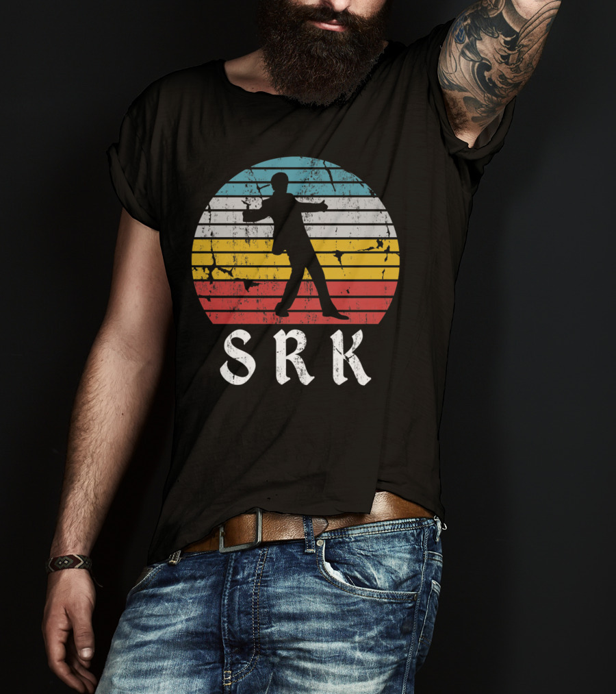 SRK Pose With Retro India Silhouette And Stripes T-Shirt