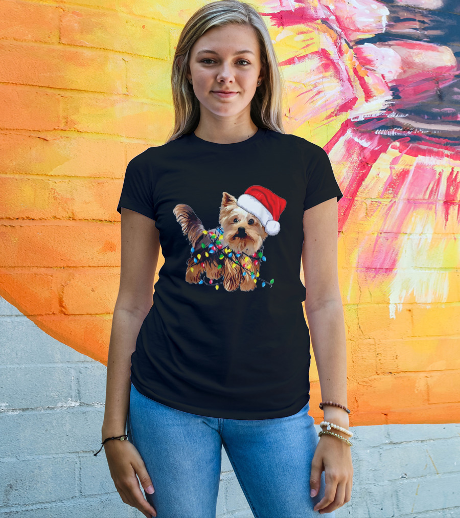 Yorkie Christmas Lights Santa Hat T-Shirt