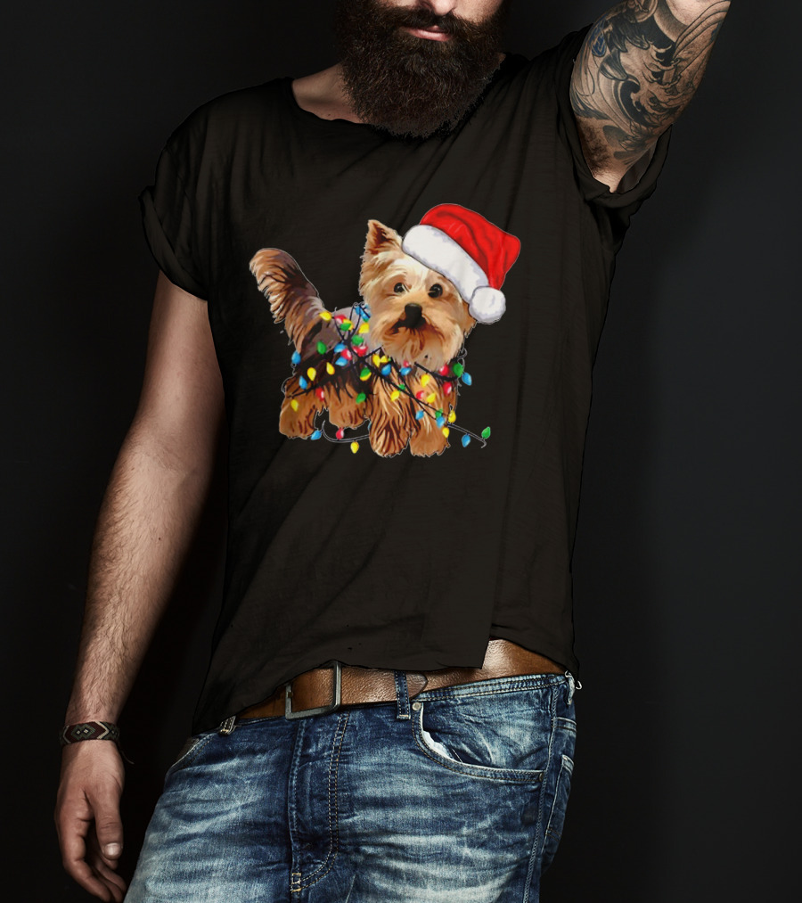 Yorkie Christmas Lights Santa Hat T-Shirt