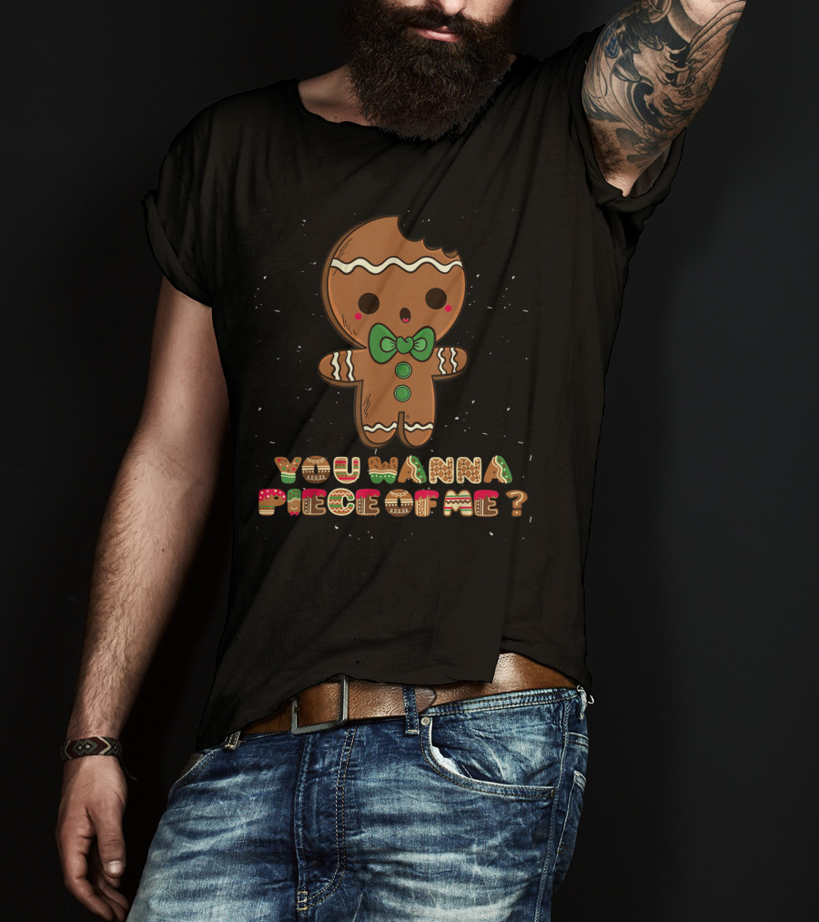 Gingerbread Man You Wanna Piece Of Me Bowtie Green Buttons T-Shirt