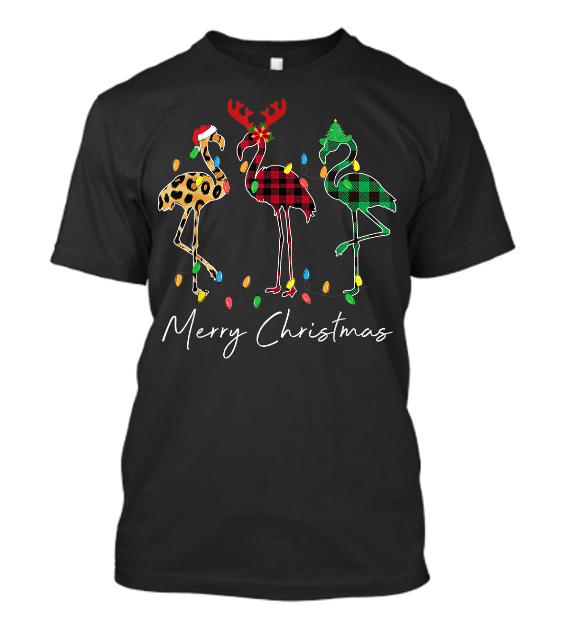 Merry Christmas Flamingo Santa Hat Reindeer Horns Xmas Light T-Shirt