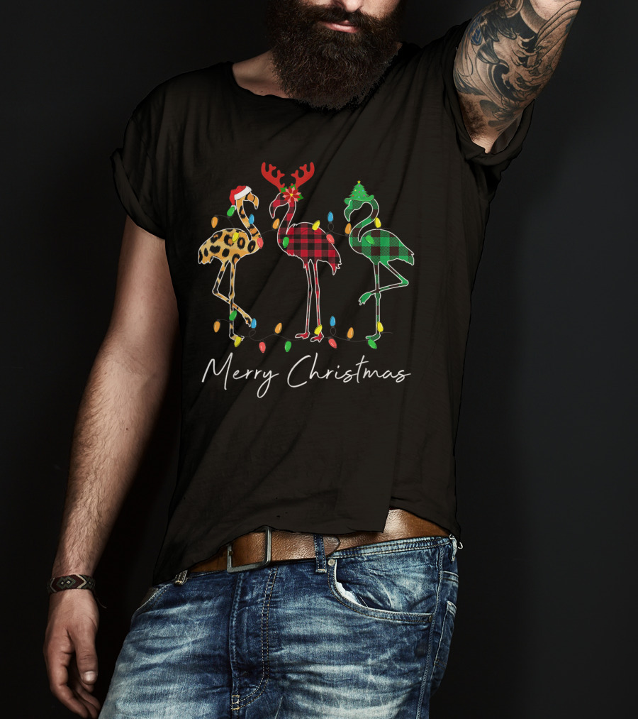 Merry Christmas Flamingo Santa Hat Reindeer Horns Xmas Light T-Shirt
