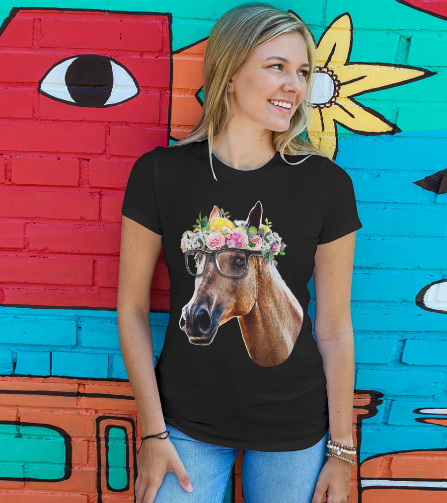 Floral Horse With Glasses Equestrian Farm Riding T-Shirt