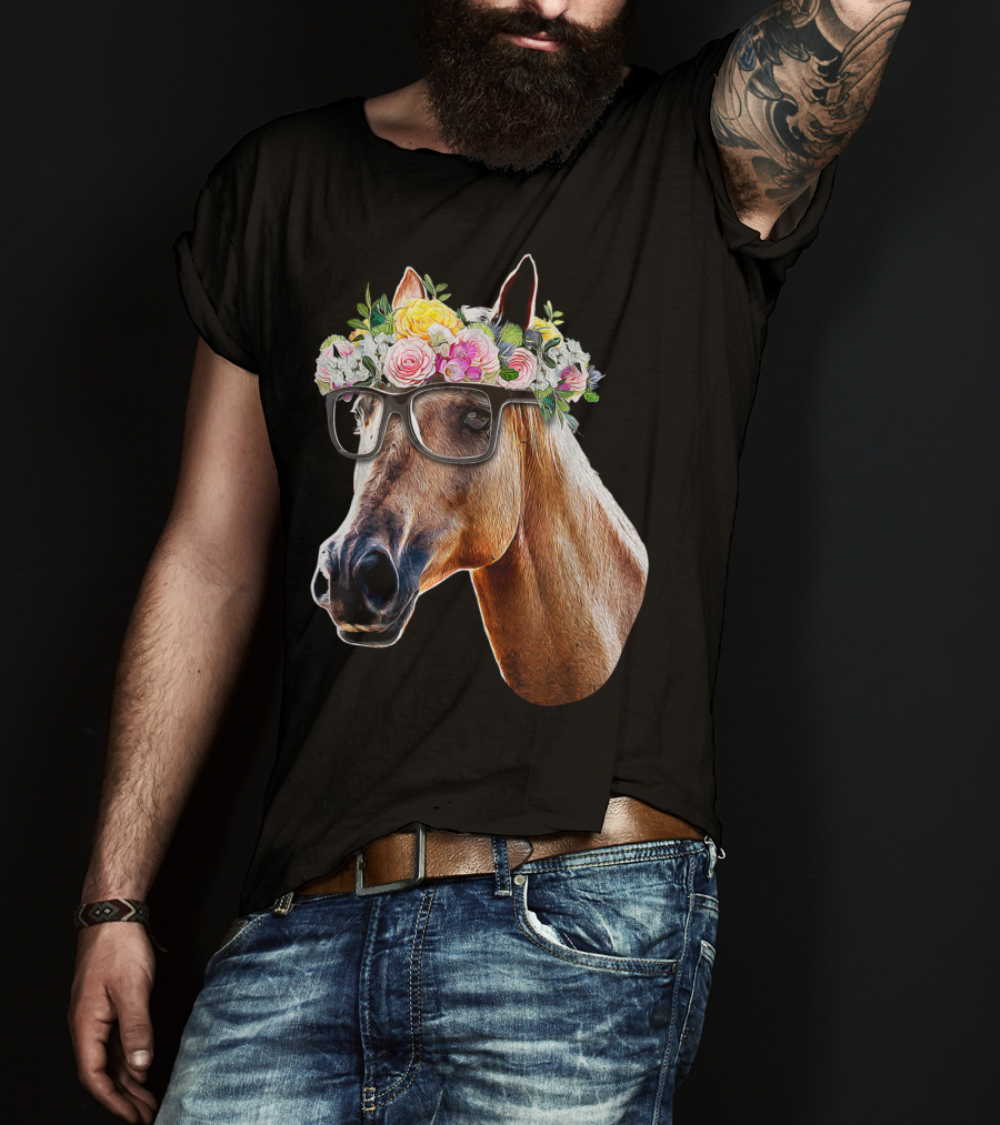 Floral Horse With Glasses Equestrian Farm Riding T-Shirt