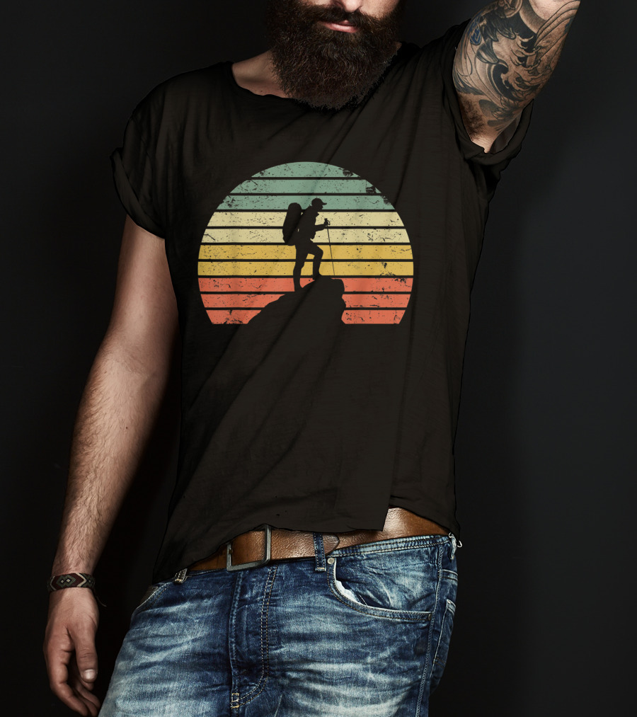 Retro Hiking Hiker Silhouette On Mountain Rock And Sunset Stripes T-Shirt