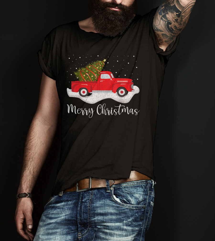 Merry Christmas Vintage Red Truck With Christmas Tree T-Shirt