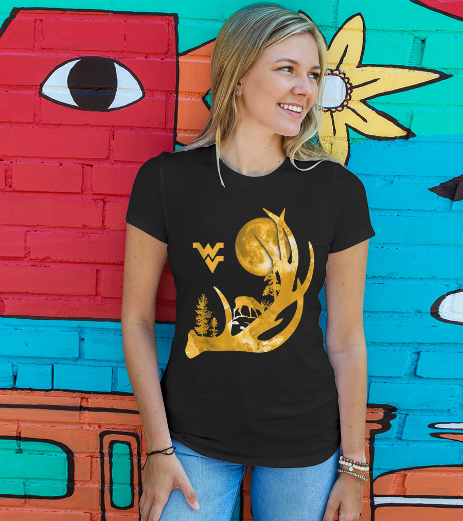 West Virginia Mountaineers Antler Moon Deer Silhouette Fan T-Shirt