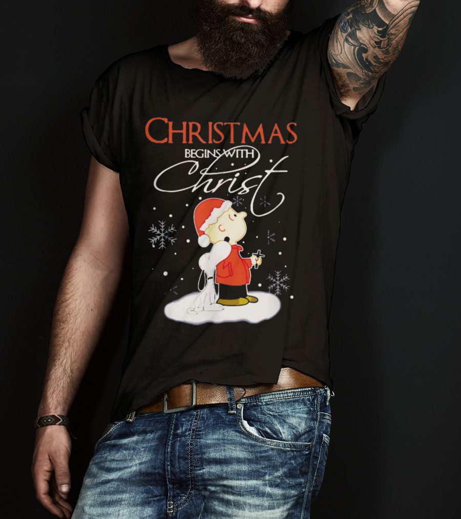 Christmas Begins With Christ Xmas Holiday Boy And Dog With Snowflakes T-Shirt