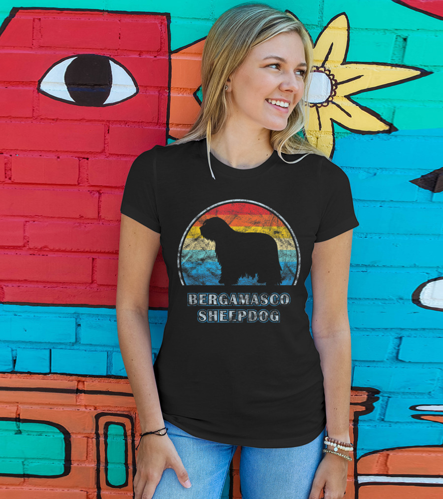 Bergamasco Sheepdog Retro Silhouette Vintage Stripes T-Shirt