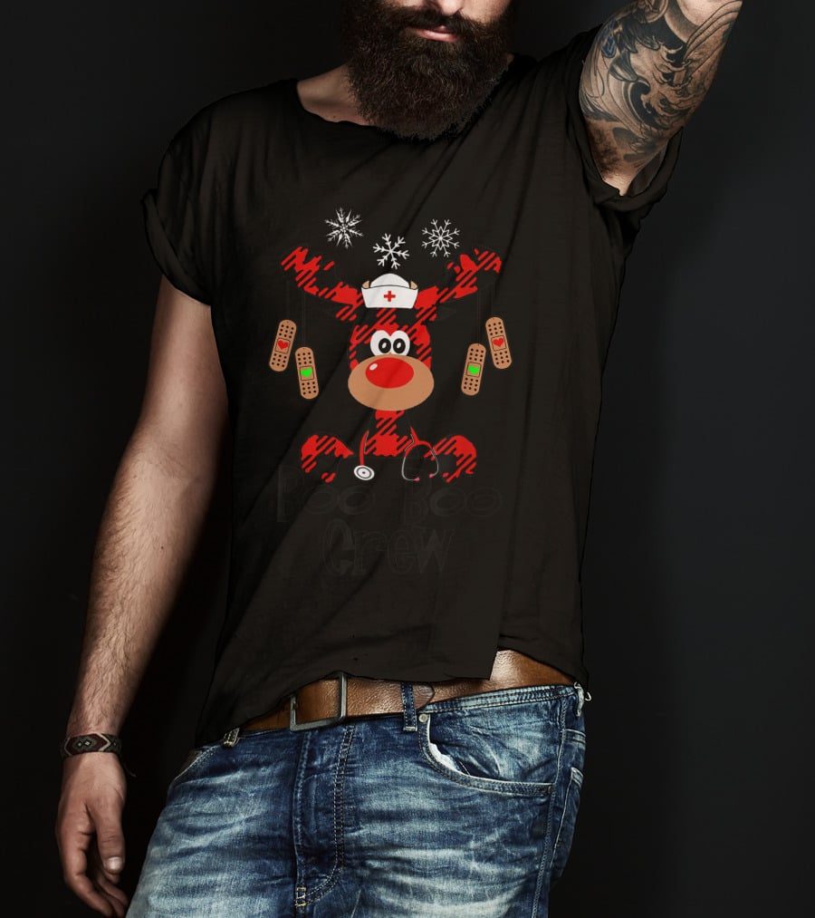 Boo Boo Crew Reindeer Nurse Christmas Buffalo Plaid Bandages Snowflakes T-Shirt