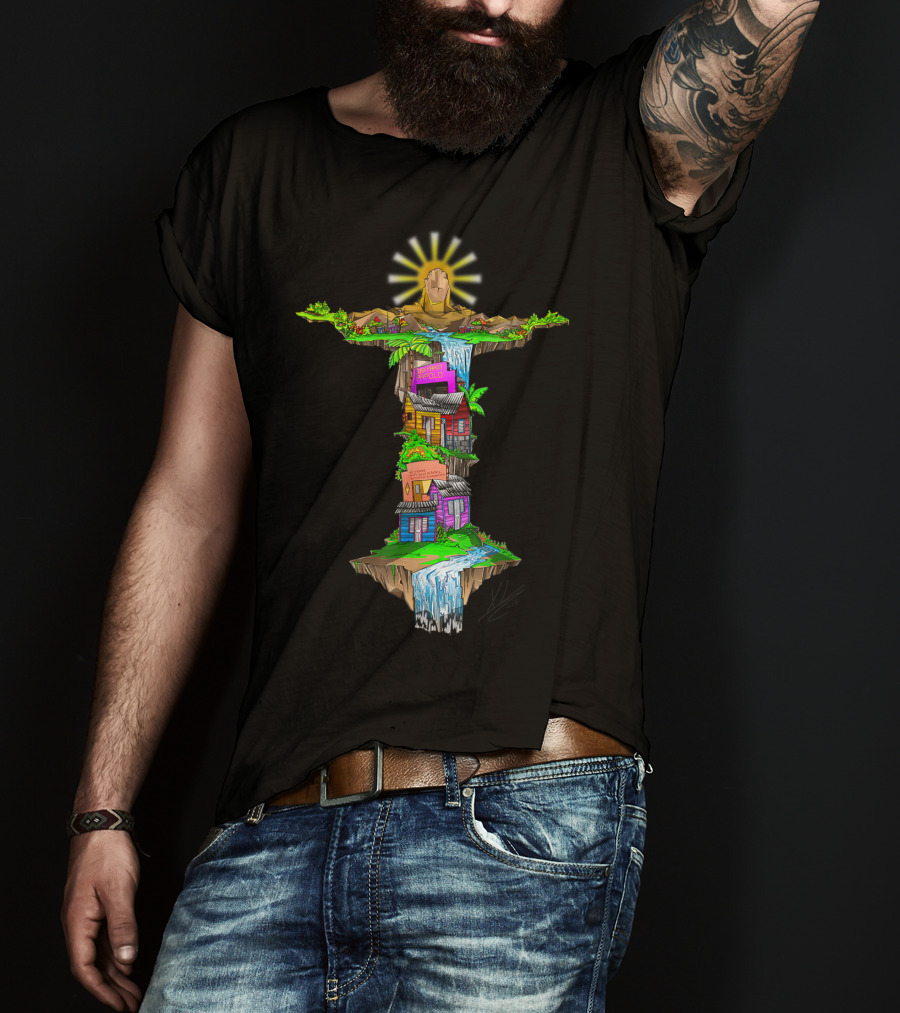 Casitas Dominicanas Brazil Cristo And Colorful Waterfall Houses T-Shirt