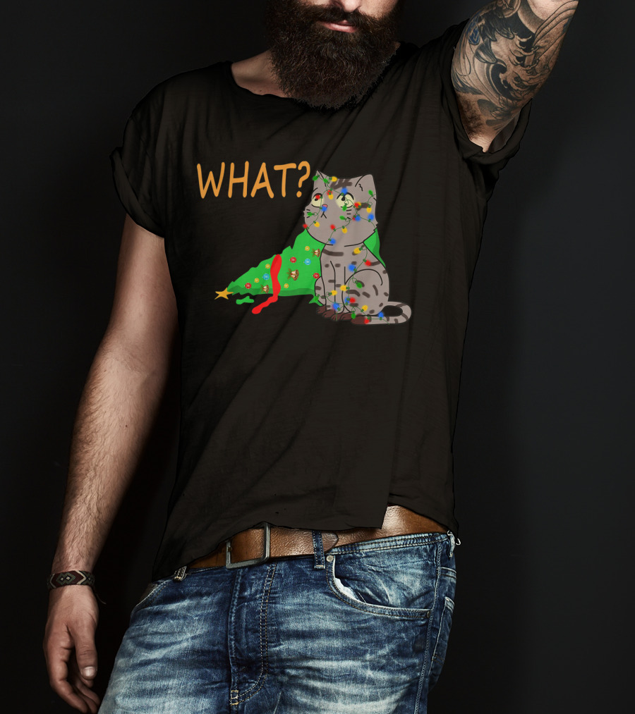 WHAT Funny Black Cat Christmas Tree T-Shirt