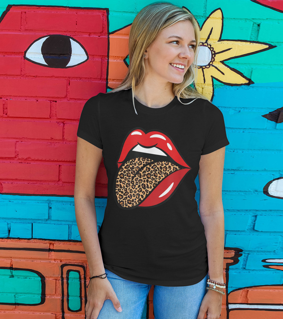 Chic Red Lips Leopard Print Tongue Rock Roll T-Shirt