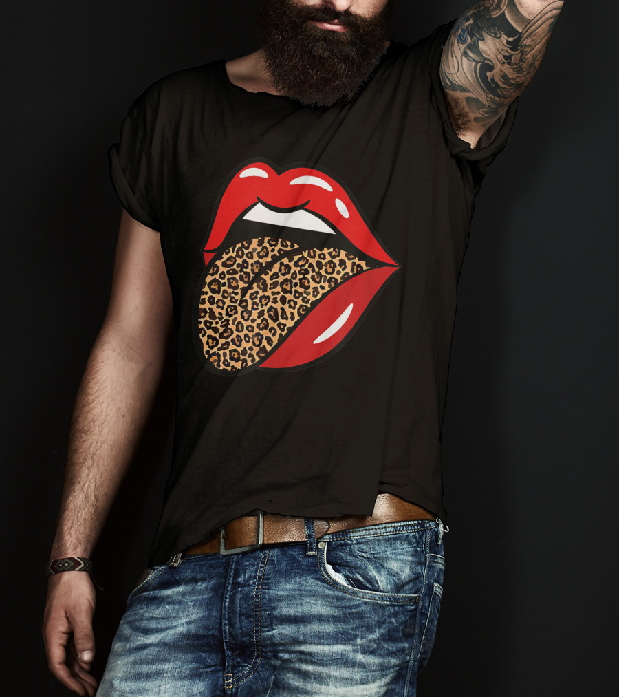 Chic Red Lips Leopard Print Tongue Rock Roll T-Shirt