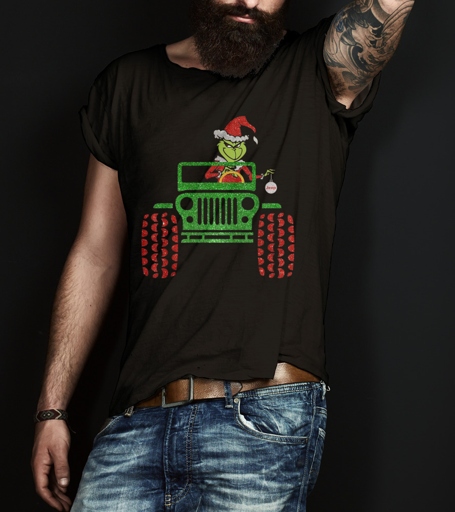 Christmas Grinch Driving Jeep Santa Hat Red Green Glitter Style Jeep T-Shirt