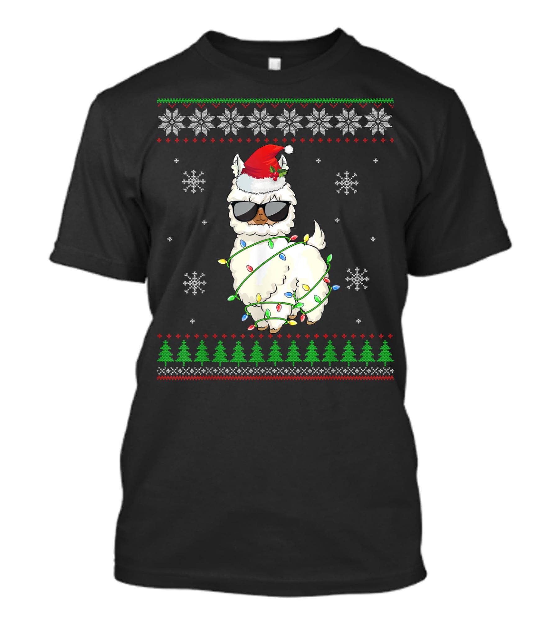 Santa Hat Sunglasses Llama Wrapped In Christmas Lights With Snowflakes And Trees T-Shirt