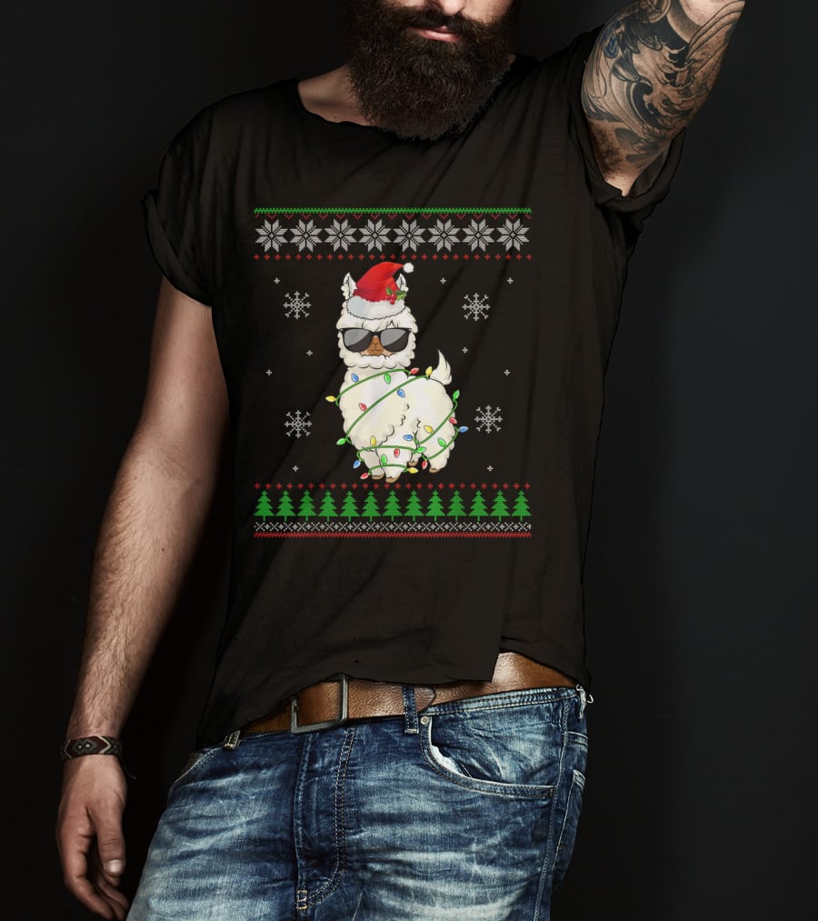 Santa Hat Sunglasses Llama Wrapped In Christmas Lights With Snowflakes And Trees T-Shirt