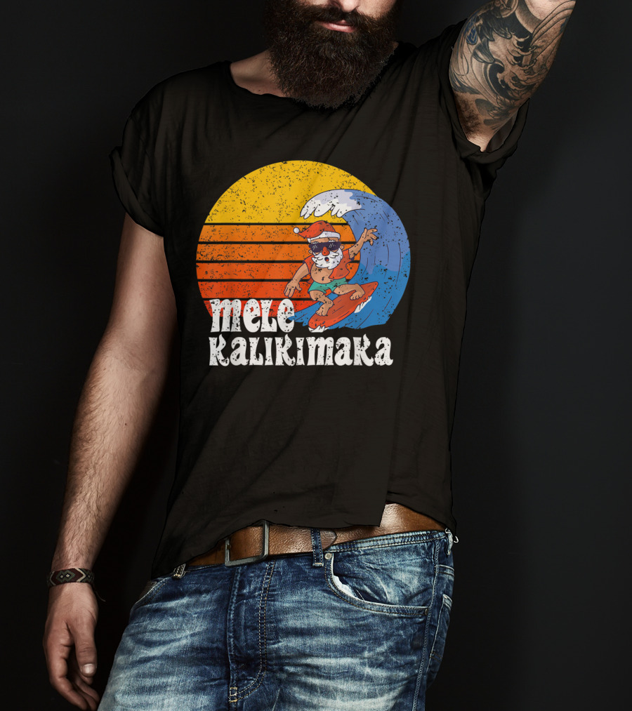 Mele Kalikimaka Surfing Santa Sunset Wave T-Shirt
