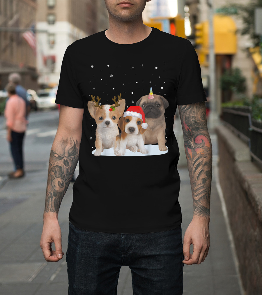 Cute Dogs Reindeer Horns Santa Hat Unicorn Snowflakes T-Shirt
