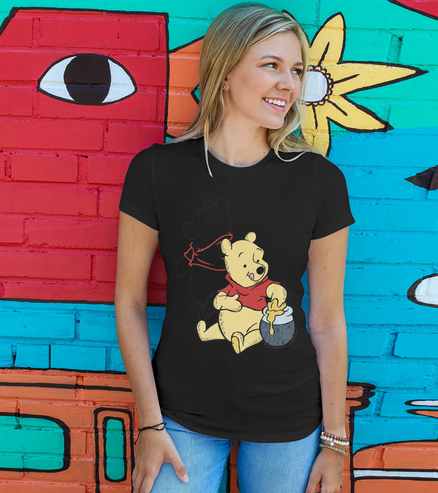 Disney Winnie The Pooh Outline And Colored Character Sitting With Honey Jar T-Shirt