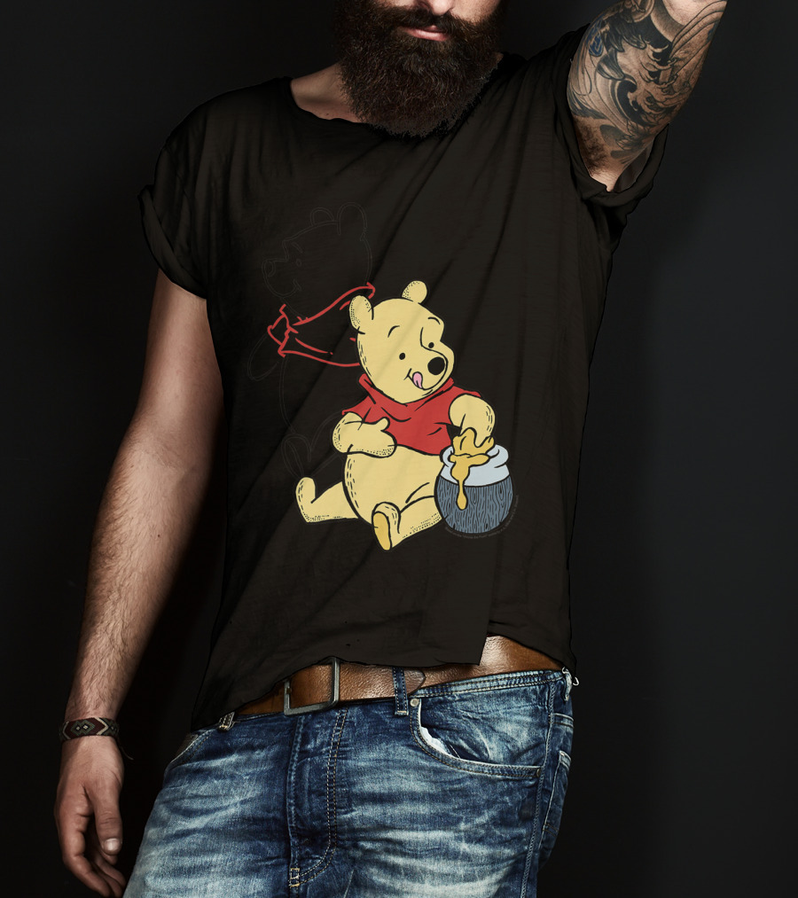 Disney Winnie The Pooh Outline And Colored Character Sitting With Honey Jar T-Shirt
